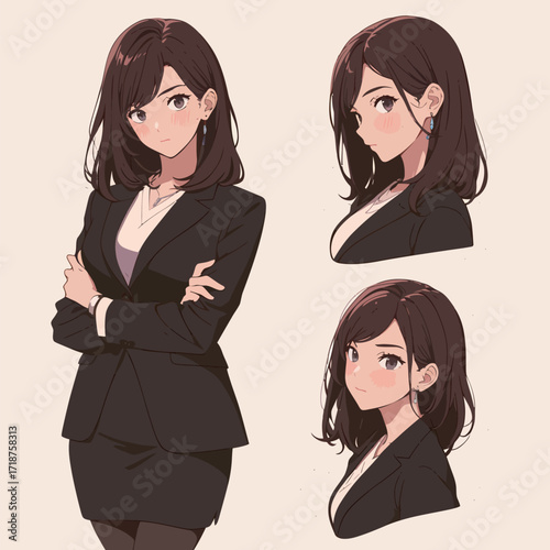 A confident businesswoman is shown in a sleek suit. The artwork captures different angles of her, highlighting her expression and demeanor, perfect for character design.