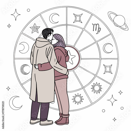 Couple embracing in front of a zodiac wheel with astrological symbols and celestial elements