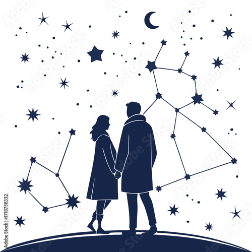 Couple holding hands under a starry night sky with constellations and crescent moon