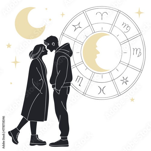 Couple in silhouette embracing under a crescent moon with a zodiac wheel and stars