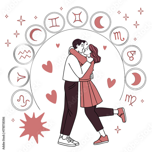 Romantic couple embracing under a celestial circle featuring zodiac signs and hearts symbolizing love