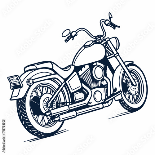Classic american cruiser motorcycle line art illustration on white background for transportation and lifestyle themes