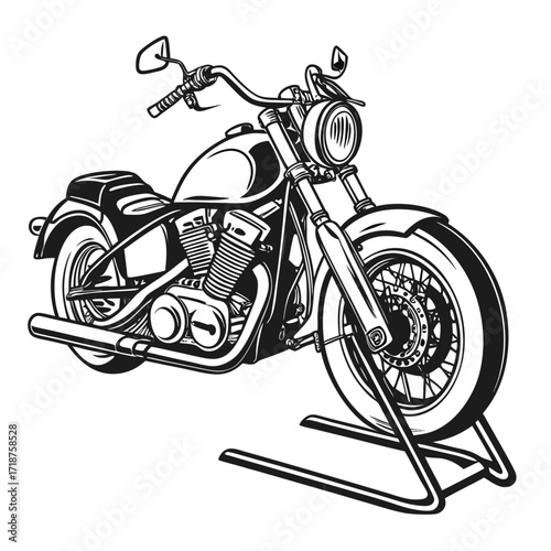 Classic american cruiser motorcycle illustration in black and white on a stand