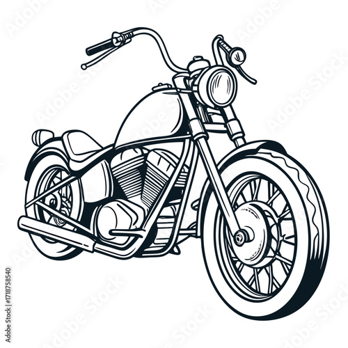 Classic american v twin cruiser motorcycle illustrated in a bold black and white line art style