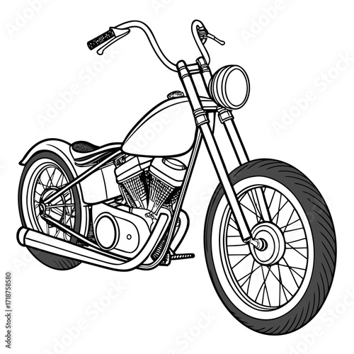 Classic chopper motorcycle line art illustration with detailed engine and chrome accents