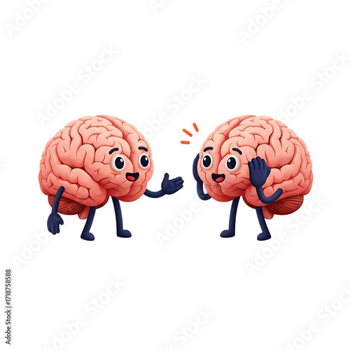 Two friendly cartoon brains communicate, one attentively listening while the other speaks.