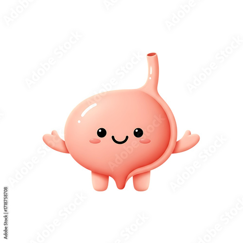 A cheerful cartoon bladder character with arms and legs, smiling happily.