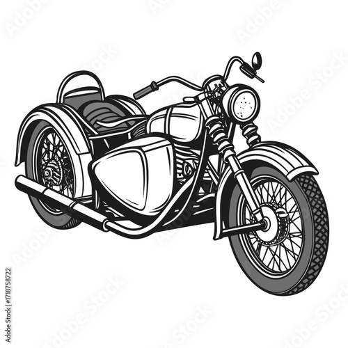 Classic vintage motorcycle with sidecar illustration in black and white style
