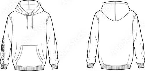 Blank hoodie template, front and back view, casual sweatshirt with drawstring hood, fashion design sketch, unisex streetwear clothing mockup