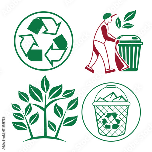 Collection of environmental icons representing recycling waste management and nature conservation with a green theme