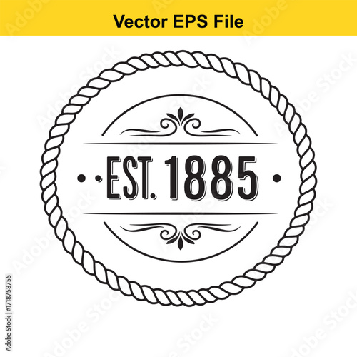 Established 1885 vintage emblem with rope border isolated on white background