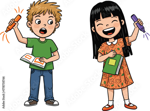 Cartoon kids learning, happy boy and girl holding books and markers, school children studying, education, classroom fun, creative student illustration
