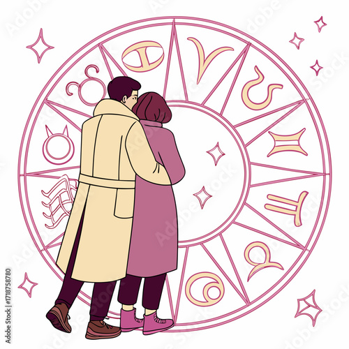 Couple embracing in front of a zodiac wheel symbolizing love destiny and astrological connection