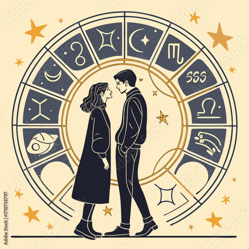 Couple gazing at each other against a zodiac wheel with stars and celestial symbols