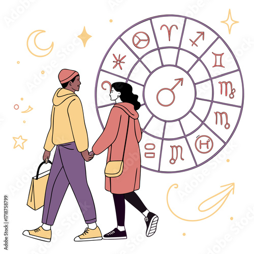 Couple holding hands walking past zodiac wheel with celestial elements and astrology symbols