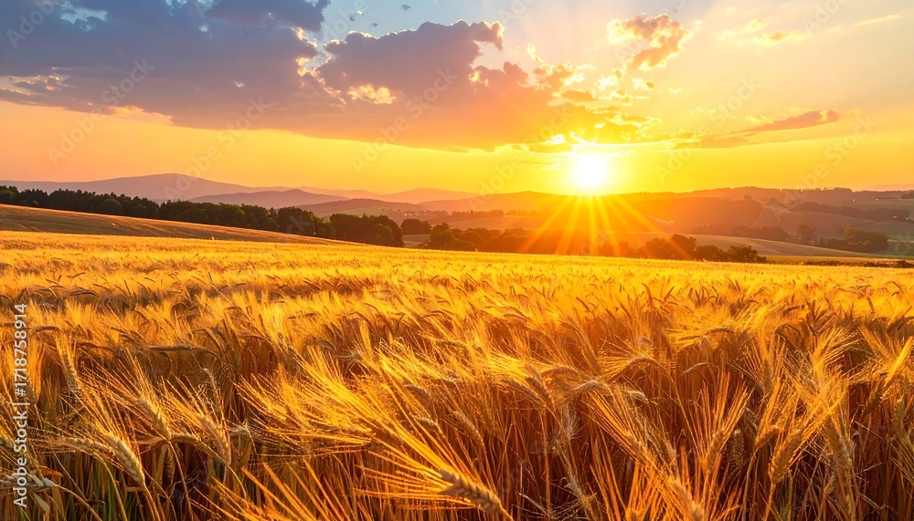 Obraz premium A radiant sunset bathes a vast wheat field in golden light. The sun dips behind rolling hills, casting long shadows