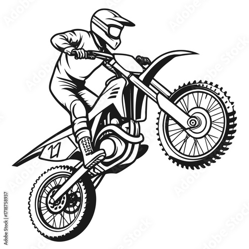 Dynamic illustration of a motocross rider performing a wheelie on a dirt bike against a white background