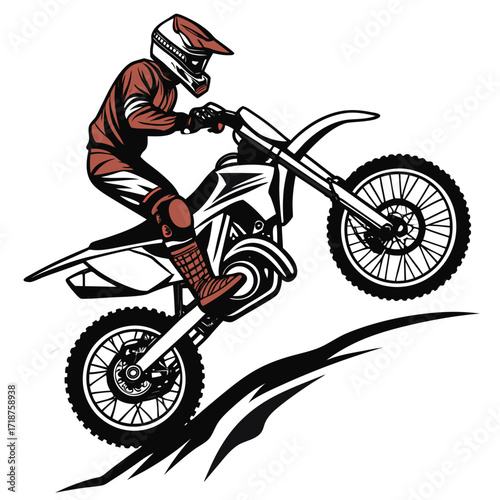 Dynamic illustration of a motocross rider performing a wheelie on a dirt bike with stylized motion lines