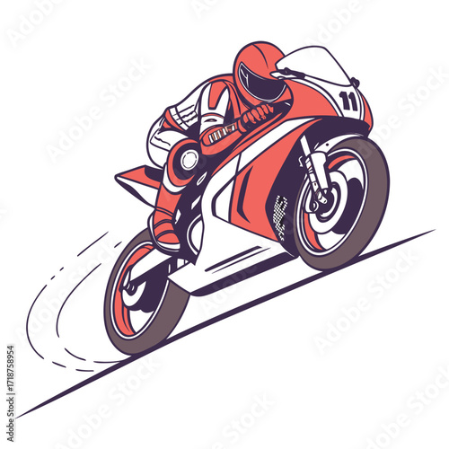 Dynamic illustration of a motorcycle racer in full gear leaning into a turn on a track