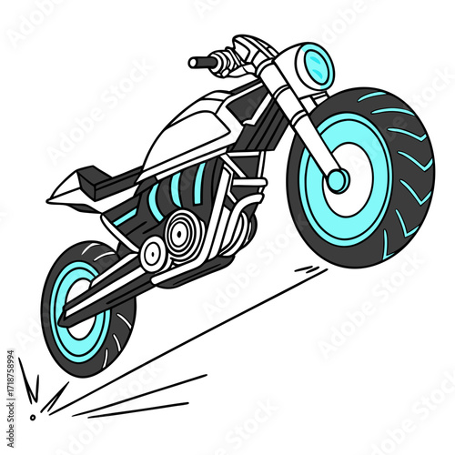 Futuristic motorcycle with glowing blue accents leaping forward with speed lines and sparks