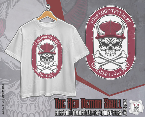 Skull with horned cap and Crossbones – Vintage Skateboard Logo Template & Streetwear (red variation)