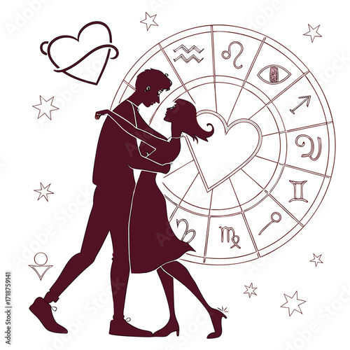 Romantic couple embracing in front of a zodiac wheel with astrological symbols and a heart shape
