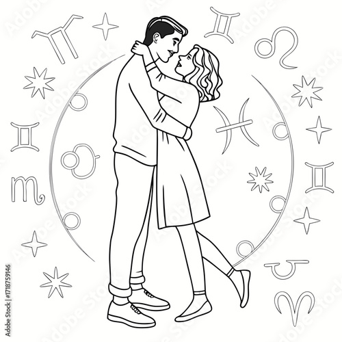 Romantic couple embracing surrounded by zodiac symbols and stars in a whimsical line art style