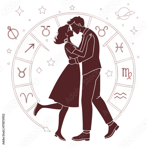 Romantic couple embracing in front of a zodiac wheel with astrological symbols and stars