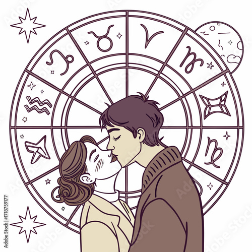 Romantic couple kissing in front of a zodiac wheel with astrological symbols and stars