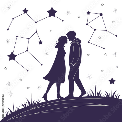 Silhouette couple in love under starry sky with constellations on a hill at night