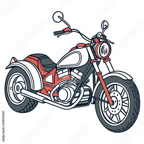 Stylized illustration of a classic red and white cruiser motorcycle with a white background