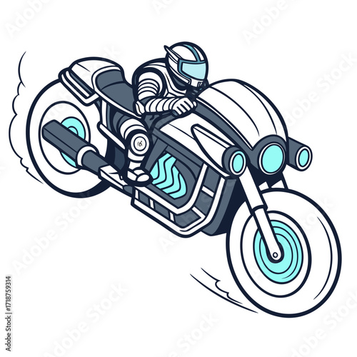 Stylized illustration of a futuristic motorcycle rider in a sleek suit speeding forward with motion lines