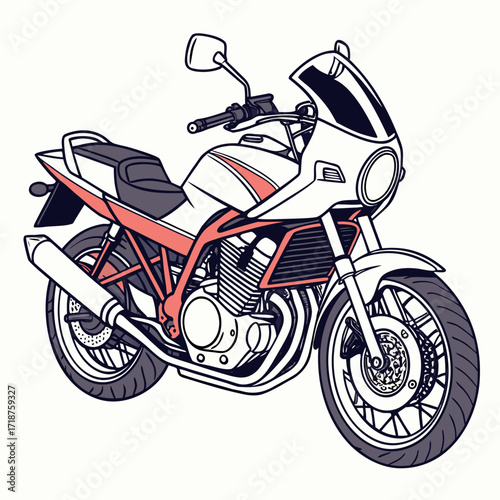Stylized illustration of a white and coral sport touring motorcycle with a clear windshield on a white background