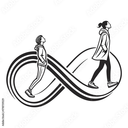 Two women walking on an infinity symbol representing continuous journey and endless possibilities in life