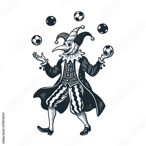 Plague doctor become a jester - black and white vector illustration.