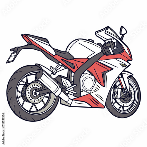 Stylized illustration of a red and white sportbike motorcycle in motion on a white background