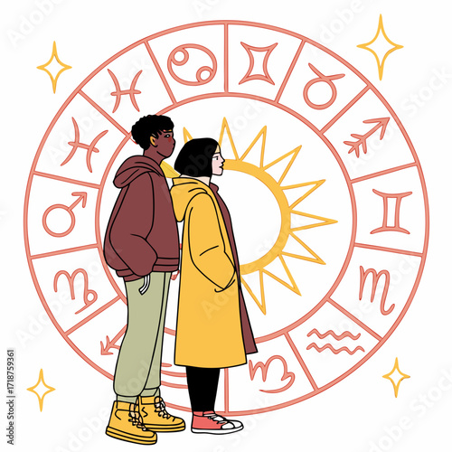 Two people stand in front of a zodiac wheel with astrological symbols and a sun illustration