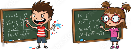 Cartoon kids solving math problems, boy writing on chalkboard, girl studying equations, school education, classroom learning, mathematics, children studying happily