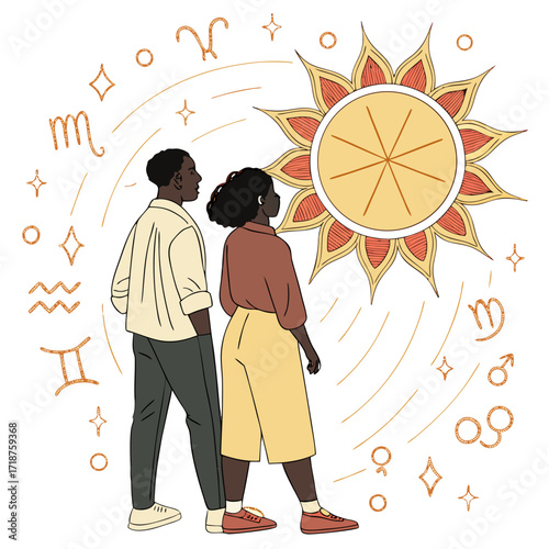 Two people gaze at a radiant sun surrounded by astrological symbols and sparkling stars