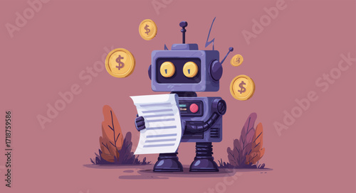 A cute cartoon robot is standing in a playful outdoor setting, holding a paper with a surprised expression. Gold coins float around, adding a fun element.
