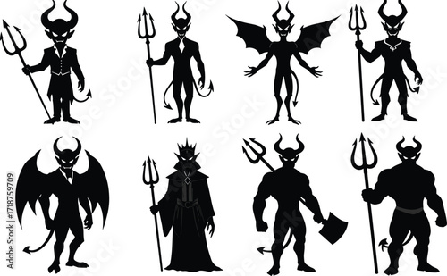 Dark devil silhouette with horns, trident, wings, demon king, evil monster, scary creature, gothic fantasy, hell guardian, satan character illustration