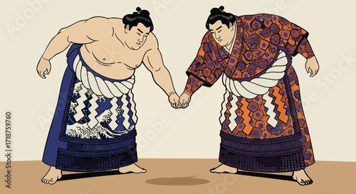 Traditional Japanese sumo wrestlers holding hands vector illustration art Japan culture martial unity power sport strength