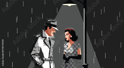 Classic film noir scene rainy streetlamp dramatic vector illustration Noir retro detective femme fatale mystery mood vintage