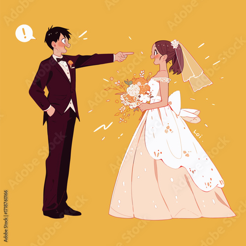 A groom in a black suit joyfully points at his bride, who wears a white dress and holds a bouquet. The bright yellow backdrop enhances the festive atmosphere.