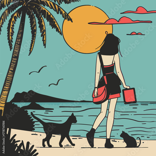 A woman strolls a sandy beach at sunset with two cats. Palm trees sway in the breeze as she enjoys the peaceful ocean view.