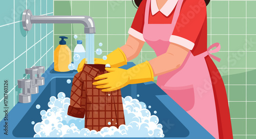 Close-up illustration of a maid washing a plaid shirt in a bathroom sink, soapy water, yellow gloves, pink apron, clean background.