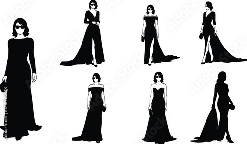 Elegant woman silhouette in black evening gown, fashion model posing, stylish glamour dress illustration, luxury style vector art design