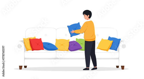 Young man arranging colorful pillows on a white sofa in a minimalist flat lay illustration, conveying a calm and organized mood.