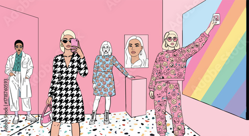 Diverse women fashion lifestyle social media illustration millennial generationz selfie pink rainbow vector