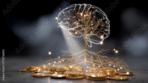A brain shaped tree with glowing lights growing from a pile of golden coins on a dark background